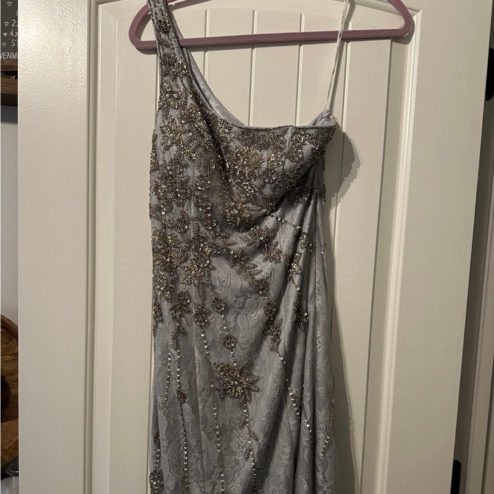 Sue Wang one shoulder beaded silver lace dress